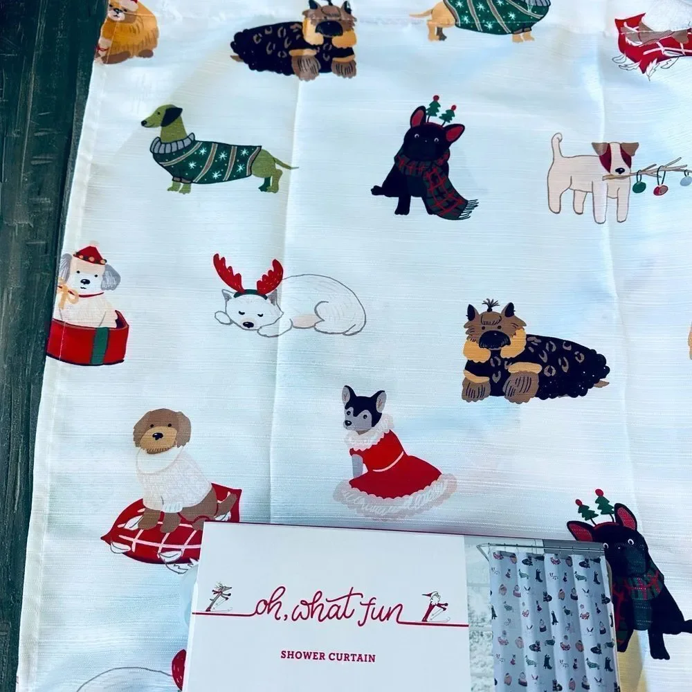 Christmas Dog Print Holiday Christmas Fabric Shower Curtain